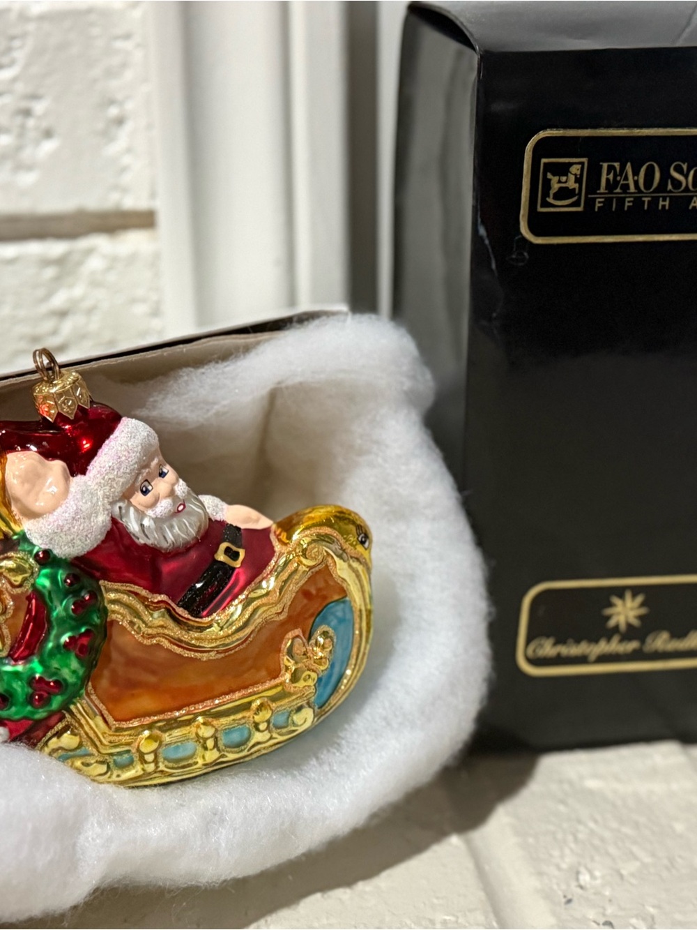 FAO Schwarz Gold & Red Santa Sleigh Christmas Ornament